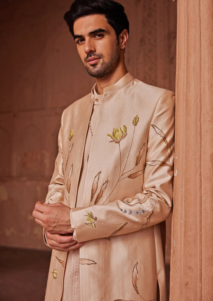 Beige Hand - Painted Sherwani Set Contrast By Parth - Fabilicious Fashion