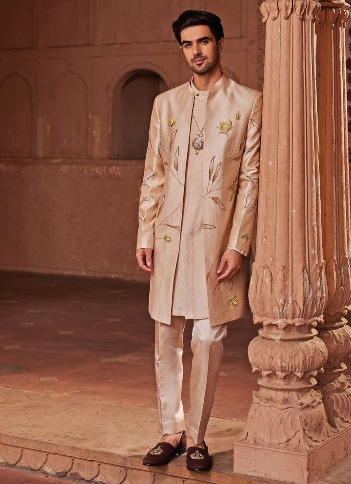 Beige Hand - Painted Sherwani Set Contrast By Parth - Fabilicious Fashion