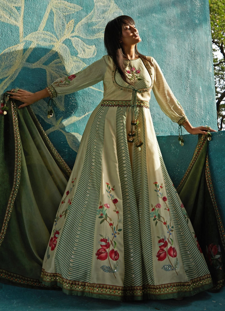 Beige Printed And Embroidered Anarkali Gown Basil Leaf - Fabilicious Fashion