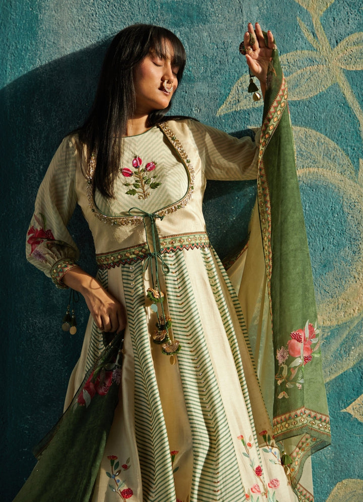 Beige Printed And Embroidered Anarkali Gown Basil Leaf - Fabilicious Fashion