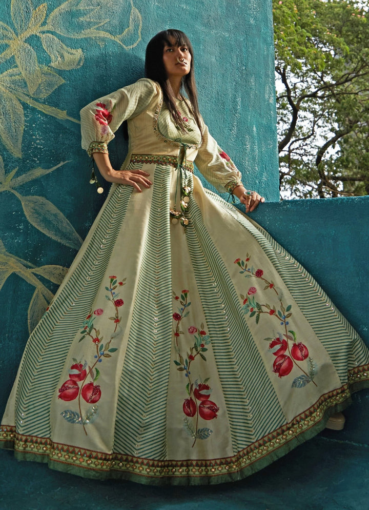 Beige Printed And Embroidered Anarkali Gown Basil Leaf - Fabilicious Fashion