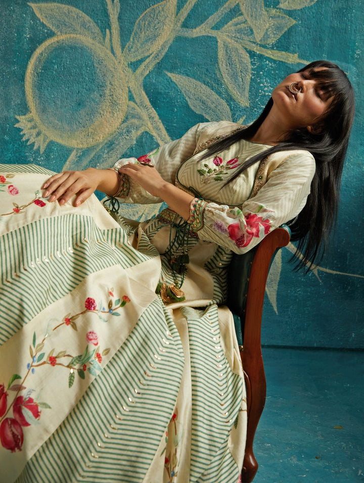 Beige Printed And Embroidered Anarkali Gown Basil Leaf - Fabilicious Fashion