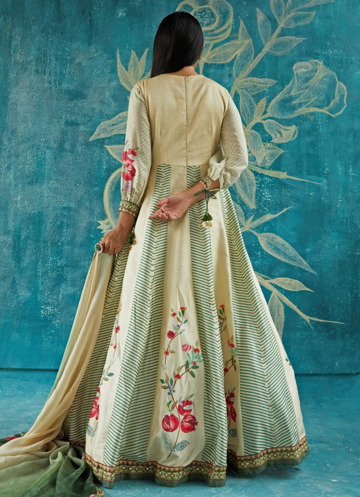 Beige Printed And Embroidered Anarkali Gown Basil Leaf - Fabilicious Fashion