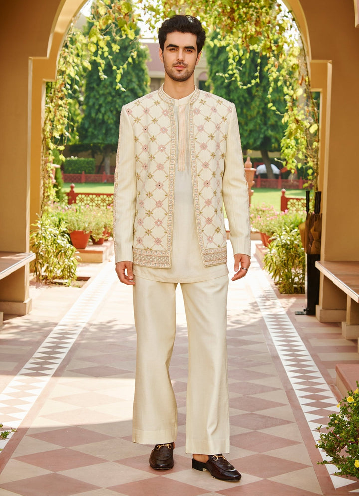 Beige Silk Kurta Jacket Set Contrast By Parth - Fabilicious Fashion