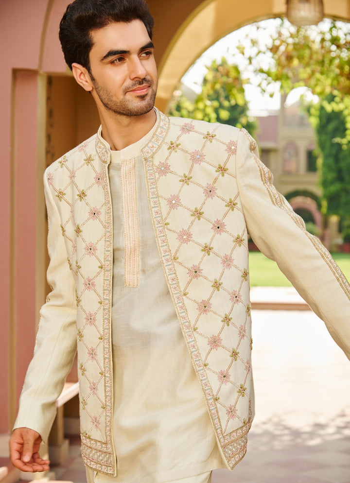 Beige Silk Kurta Jacket Set Contrast By Parth - Fabilicious Fashion