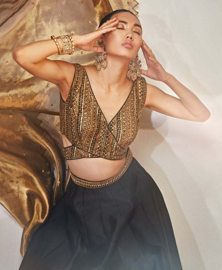 Black and Gold Embroidered Lehenga Set Akara - Fabilicious Fashion