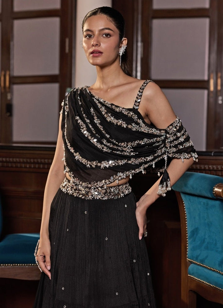 Black And Gold Georgette Tiered Skirt Set Seema Thukral - Fabilicious Fashion