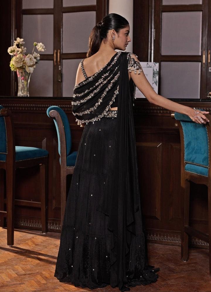 Black And Gold Georgette Tiered Skirt Set Seema Thukral - Fabilicious Fashion