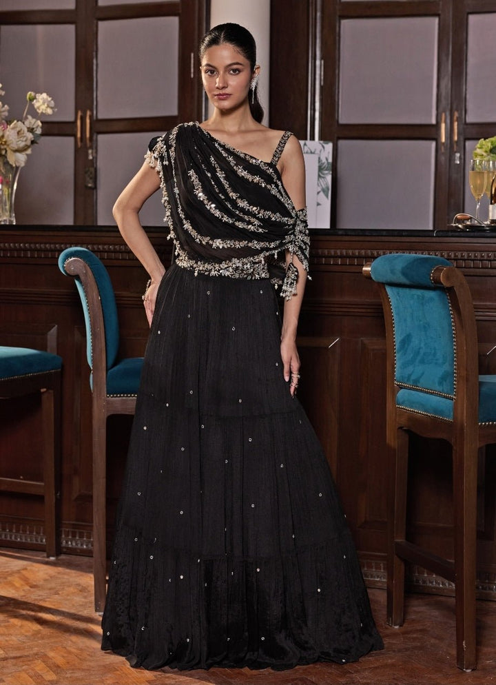 Black And Gold Georgette Tiered Skirt Set Seema Thukral - Fabilicious Fashion
