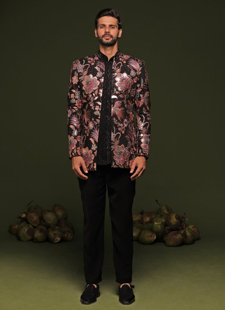 Black And Multi - Color Floral Embroidered Jodhpuri Jacket Set Kalpraag - Fabilicious Fashion