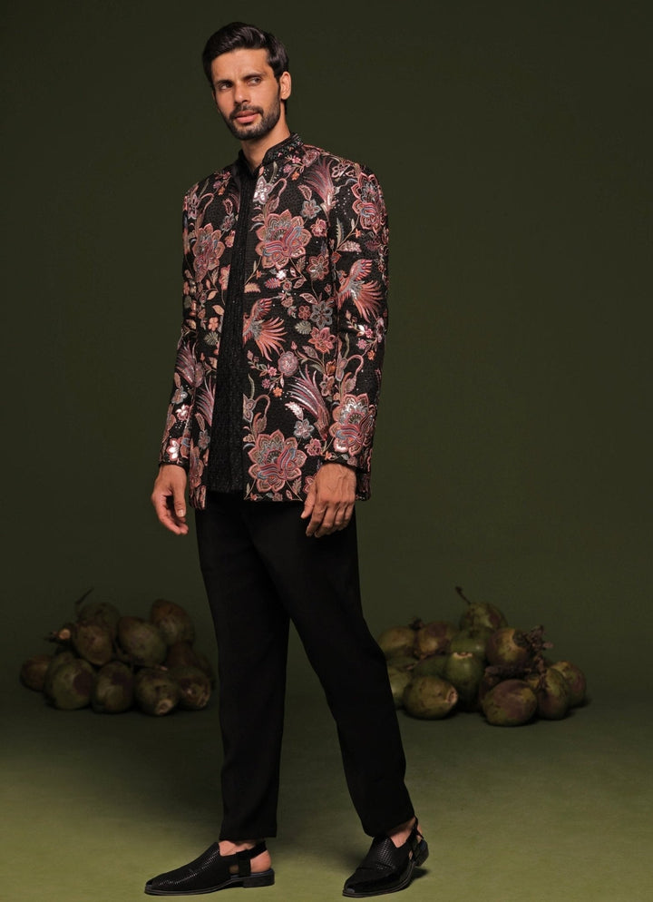 Black And Multi - Color Floral Embroidered Jodhpuri Jacket Set Kalpraag - Fabilicious Fashion