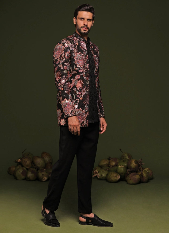 Black And Multi - Color Floral Embroidered Jodhpuri Jacket Set Kalpraag - Fabilicious Fashion