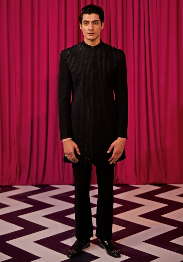 Black Crystal Embroidered Sherwani Contrast by Parth - Fabilicious Fashion