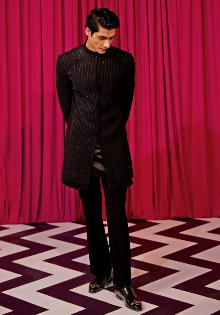 Black Crystal Embroidered Sherwani Contrast by Parth - Fabilicious Fashion