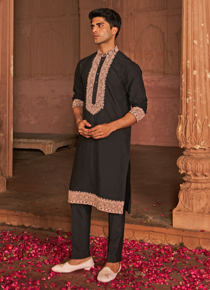Black Dori Work Embroidered Chanderi Silk Kurta Set Nidhika Shekhar - Men - Fabilicious Fashion