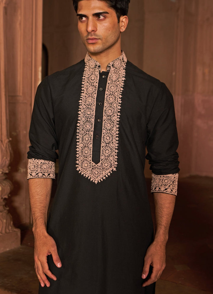 Black Dori Work Embroidered Chanderi Silk Kurta Set Nidhika Shekhar - Men - Fabilicious Fashion