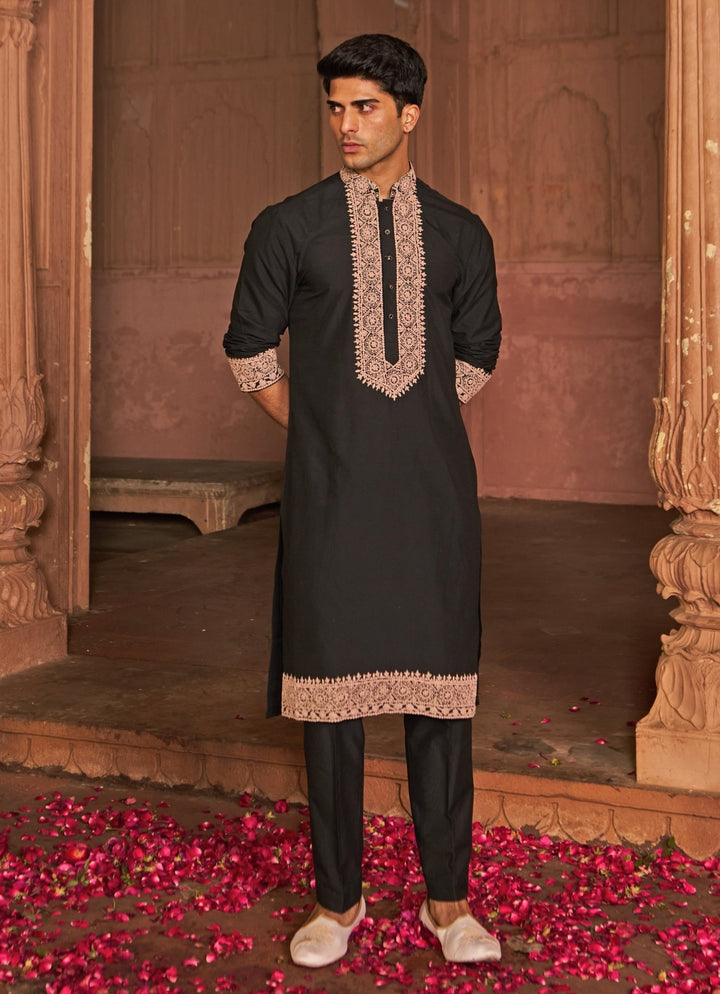 Black Dori Work Embroidered Chanderi Silk Kurta Set Nidhika Shekhar - Men - Fabilicious Fashion