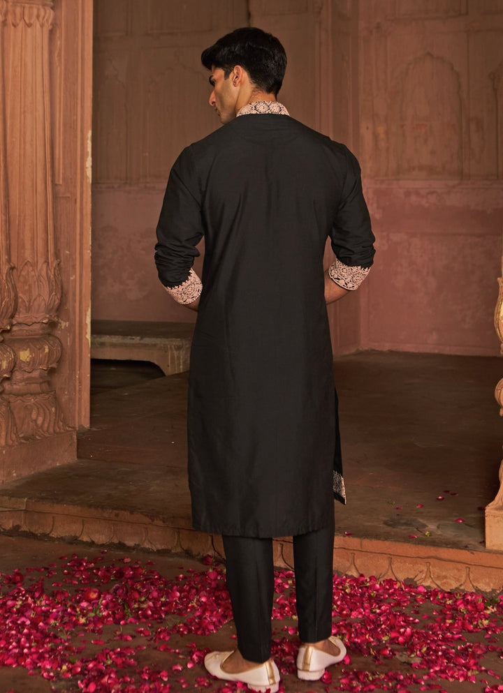 Black Dori Work Embroidered Chanderi Silk Kurta Set Nidhika Shekhar - Men - Fabilicious Fashion
