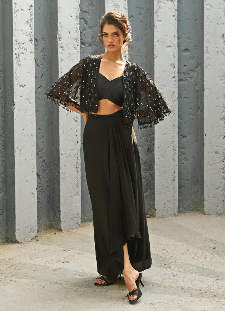 Black Draped Crepe Skirt With Embroidered Cape Chamee and Palak - Fabilicious Fashion