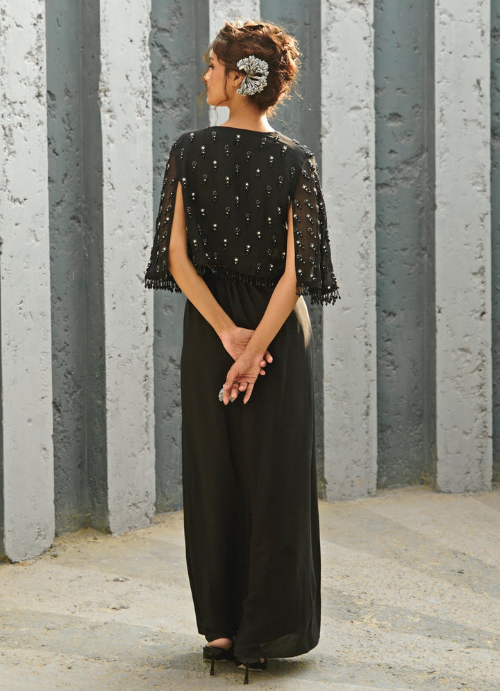 Black Draped Crepe Skirt With Embroidered Cape Chamee and Palak - Fabilicious Fashion