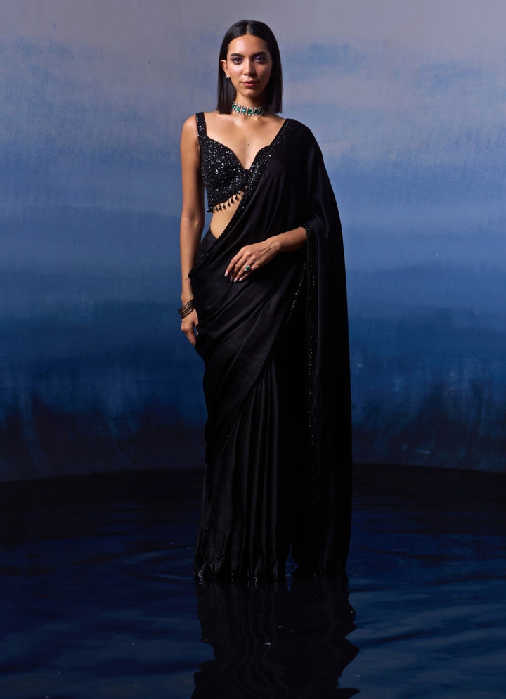 Black Embellished Satin Saree Angad Singh - Fabilicious Fashion