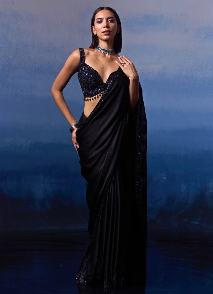 Black Embellished Satin Saree Angad Singh - Fabilicious Fashion