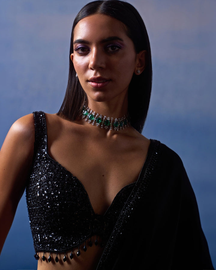 Black Embellished Satin Saree Angad Singh - Fabilicious Fashion