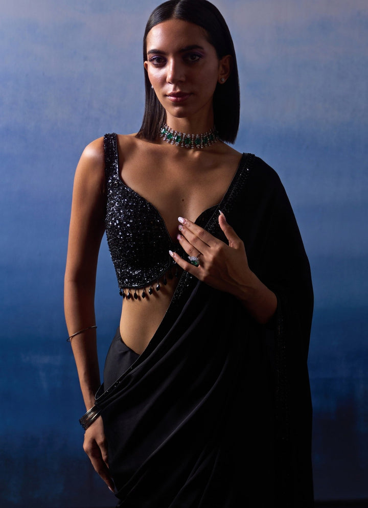 Black Embellished Satin Saree Angad Singh - Fabilicious Fashion