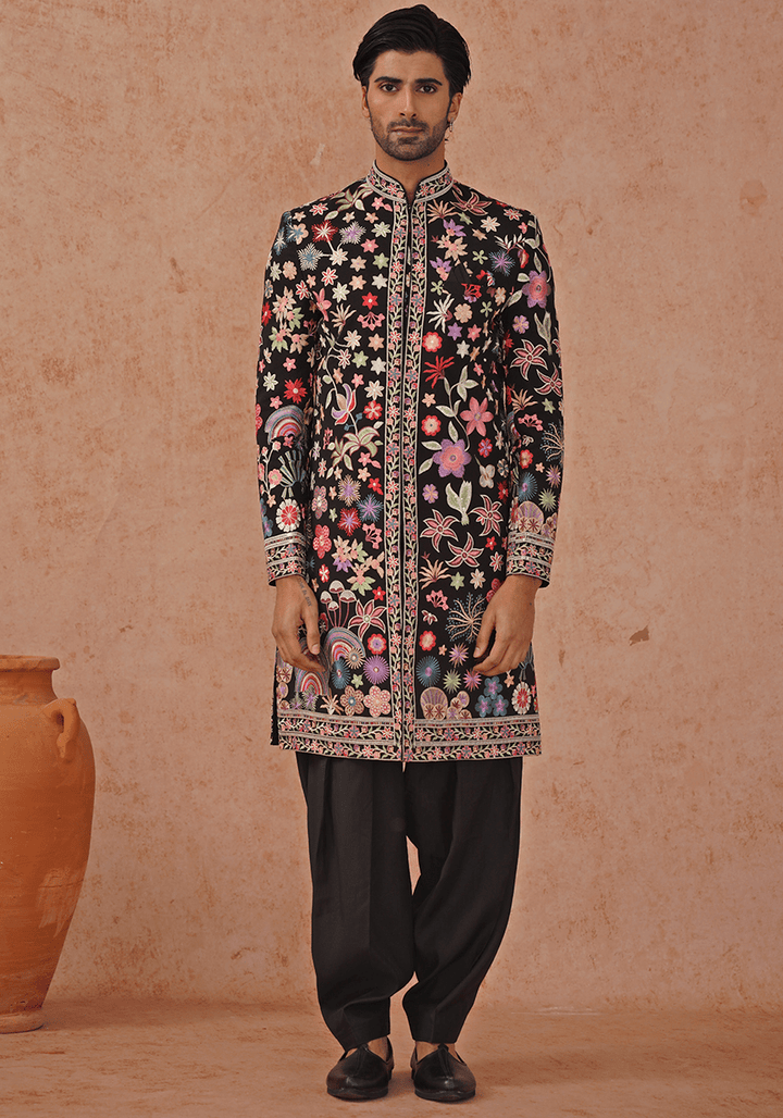 Black Embellished Sherwani Set With Dupatta Kalpraag - Fabilicious Fashion