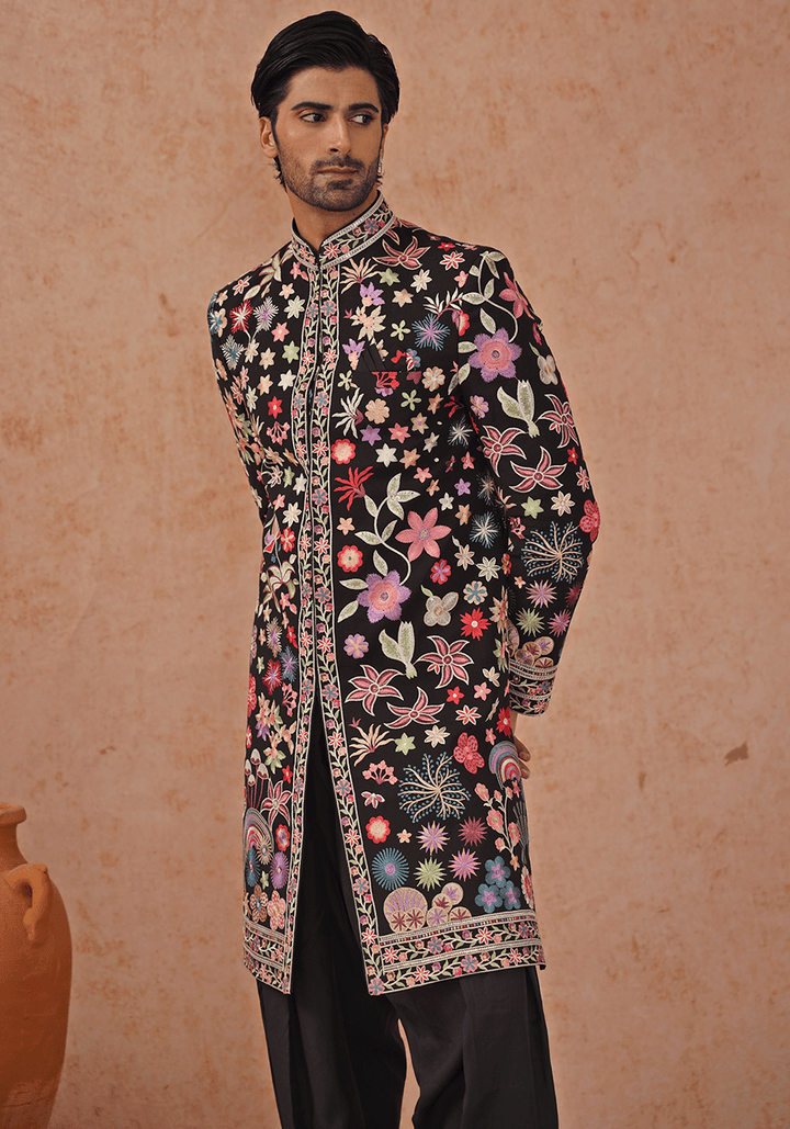 Black Embellished Sherwani Set With Dupatta Kalpraag - Fabilicious Fashion