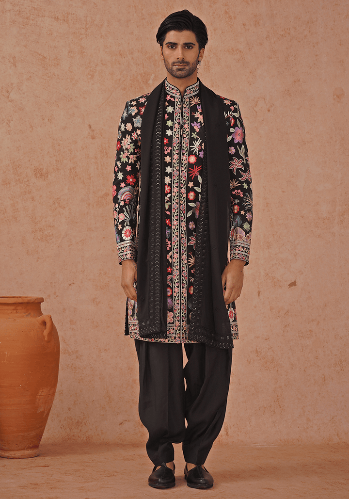 Black Embellished Sherwani Set With Dupatta Kalpraag - Fabilicious Fashion