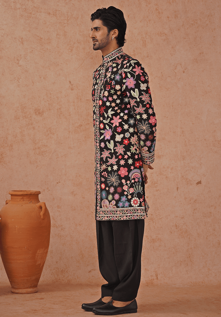 Black Embellished Sherwani Set With Dupatta Kalpraag - Fabilicious Fashion