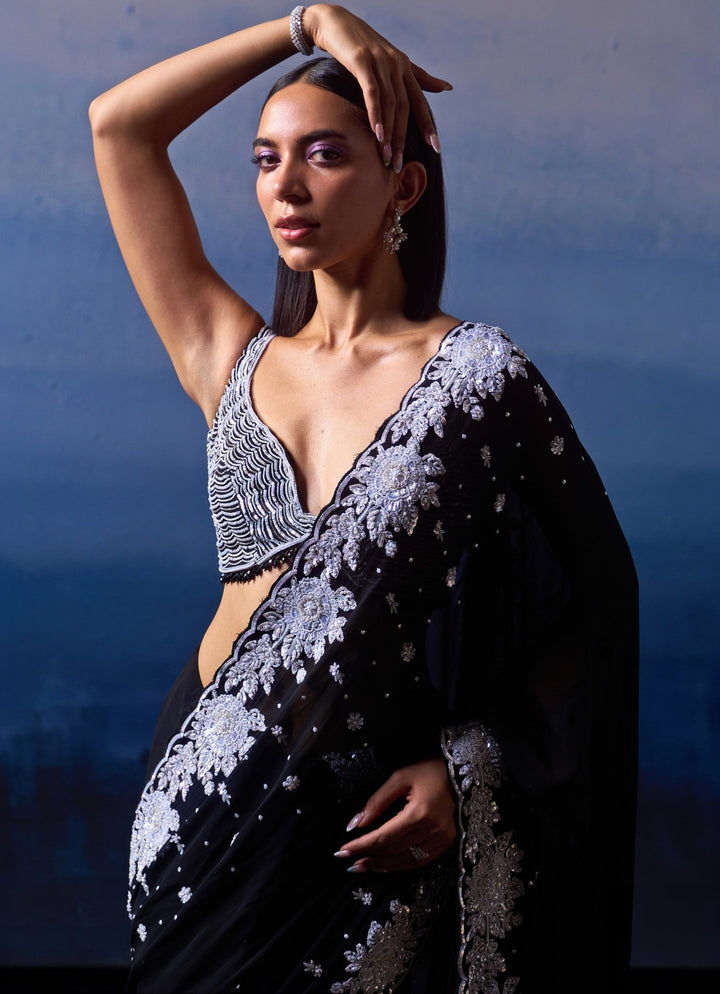 Black Embellished White Sequins Georgette Saree Angad Singh - Fabilicious Fashion