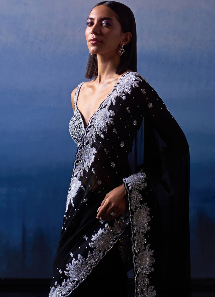 Black Embellished White Sequins Georgette Saree Angad Singh - Fabilicious Fashion