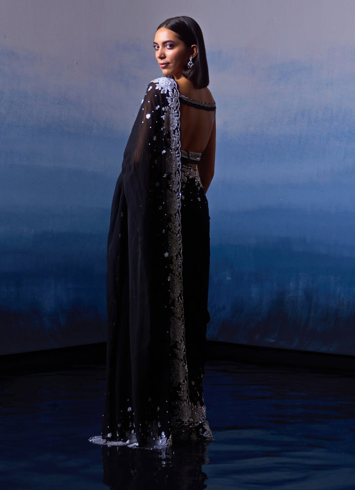 Black Embellished White Sequins Georgette Saree Angad Singh - Fabilicious Fashion