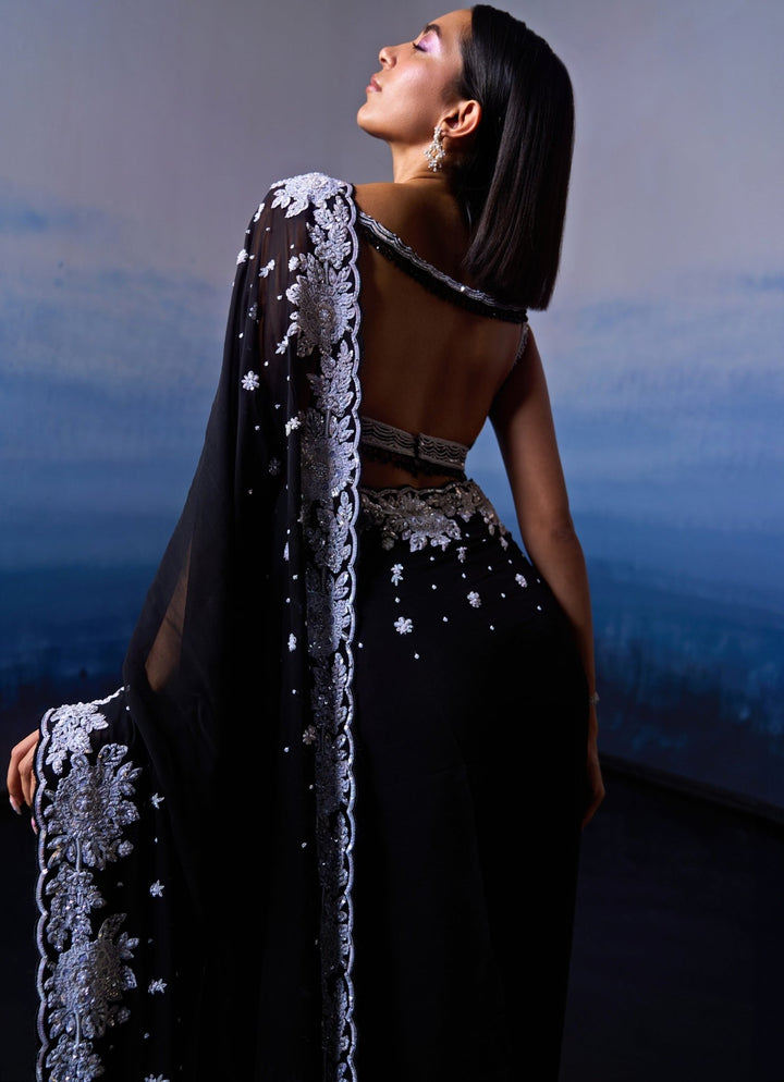 Black Embellished White Sequins Georgette Saree Angad Singh - Fabilicious Fashion