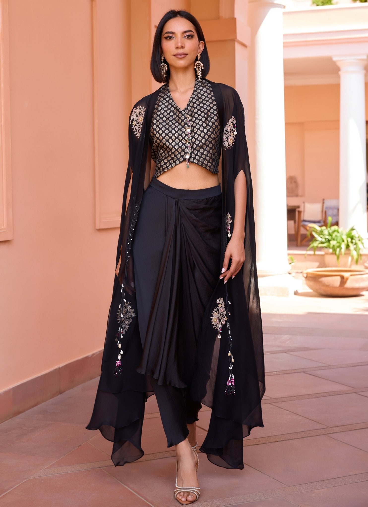 Black Embroidered Drape Skirt Set With Cape Isha Gupta Tayal