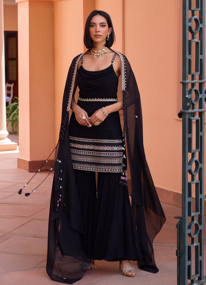 Black Embroidered Georgette Sharara Set Isha Gupta Tayal - Fabilicious Fashion