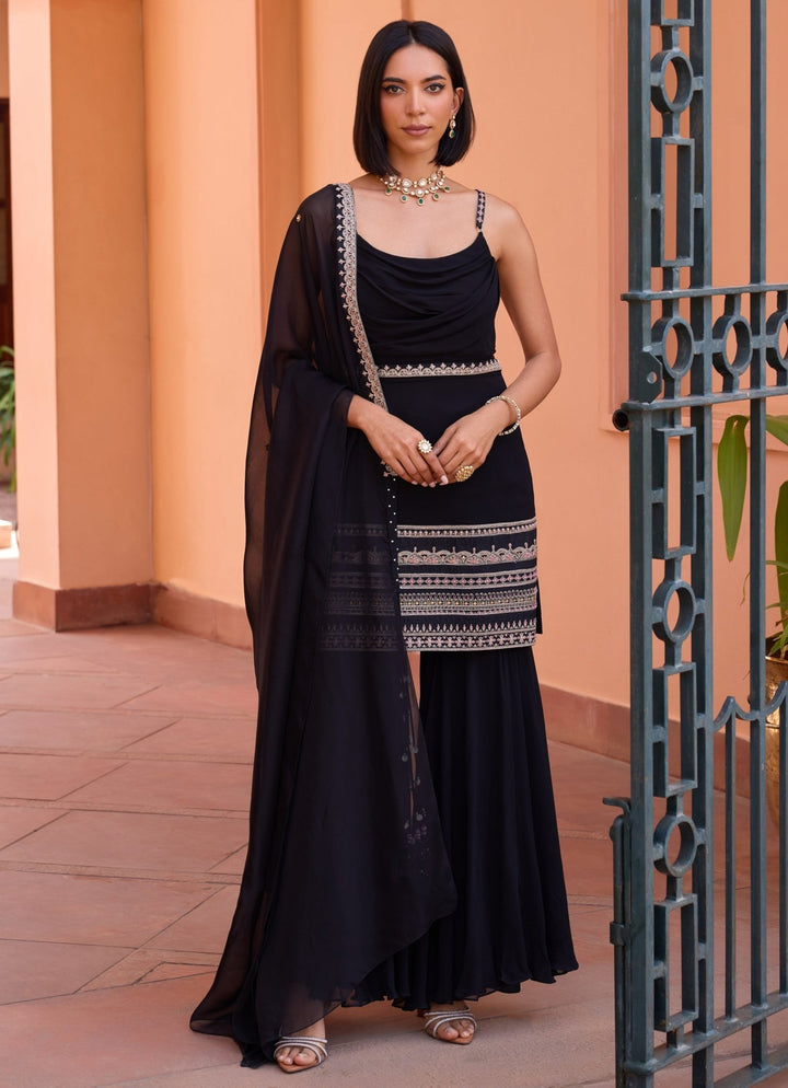 Black Embroidered Georgette Sharara Set Isha Gupta Tayal - Fabilicious Fashion