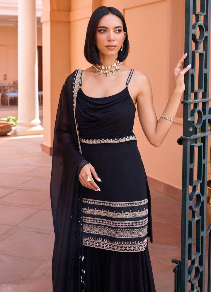 Black Embroidered Georgette Sharara Set Isha Gupta Tayal - Fabilicious Fashion