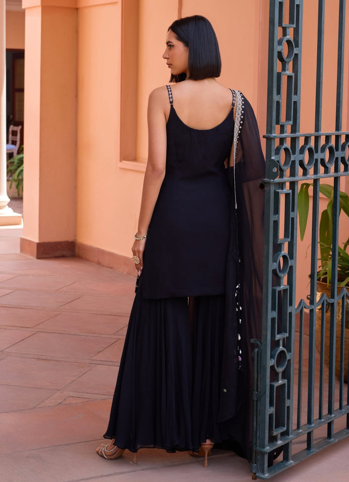 Black Embroidered Georgette Sharara Set Isha Gupta Tayal - Fabilicious Fashion