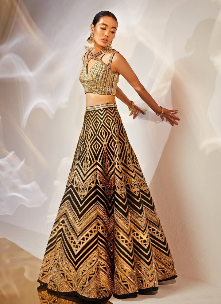 Black Embroidered Silk Lehenga Set Akara - Fabilicious Fashion