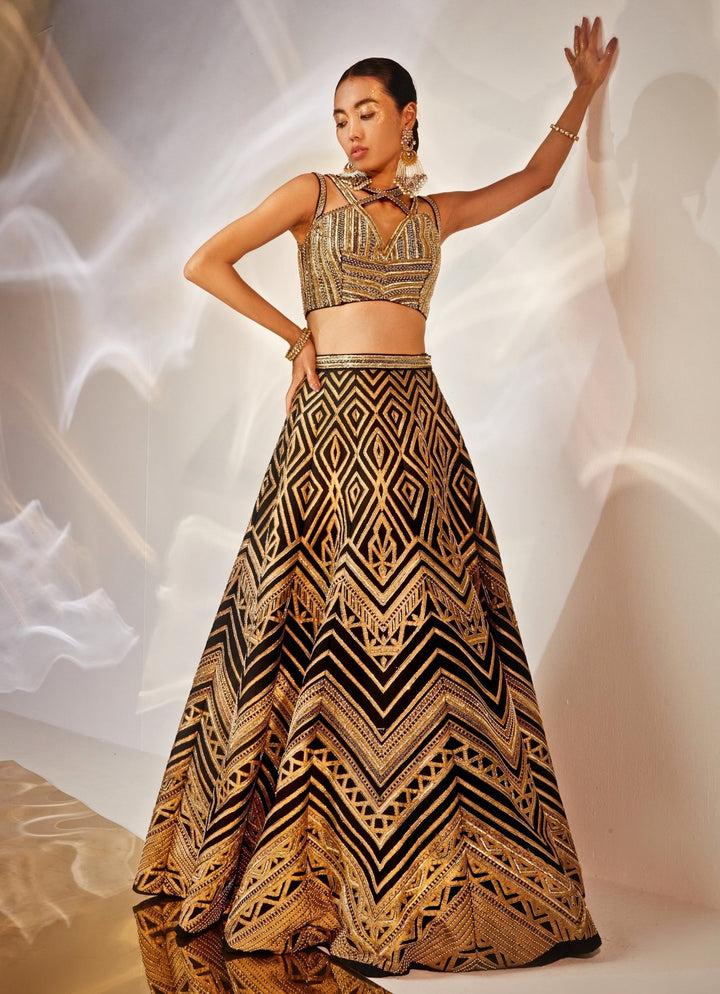 Black Embroidered Silk Lehenga Set Akara - Fabilicious Fashion