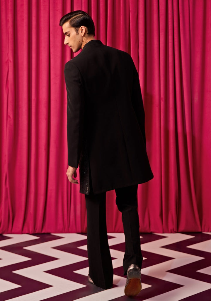 Black Floral Embroidered Sherwani Set Contrast by Parth - Fabilicious Fashion