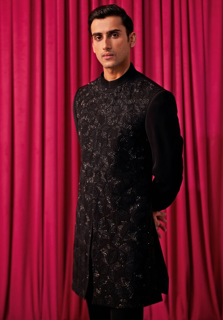 Black Floral Embroidered Sherwani Set Contrast by Parth - Fabilicious Fashion