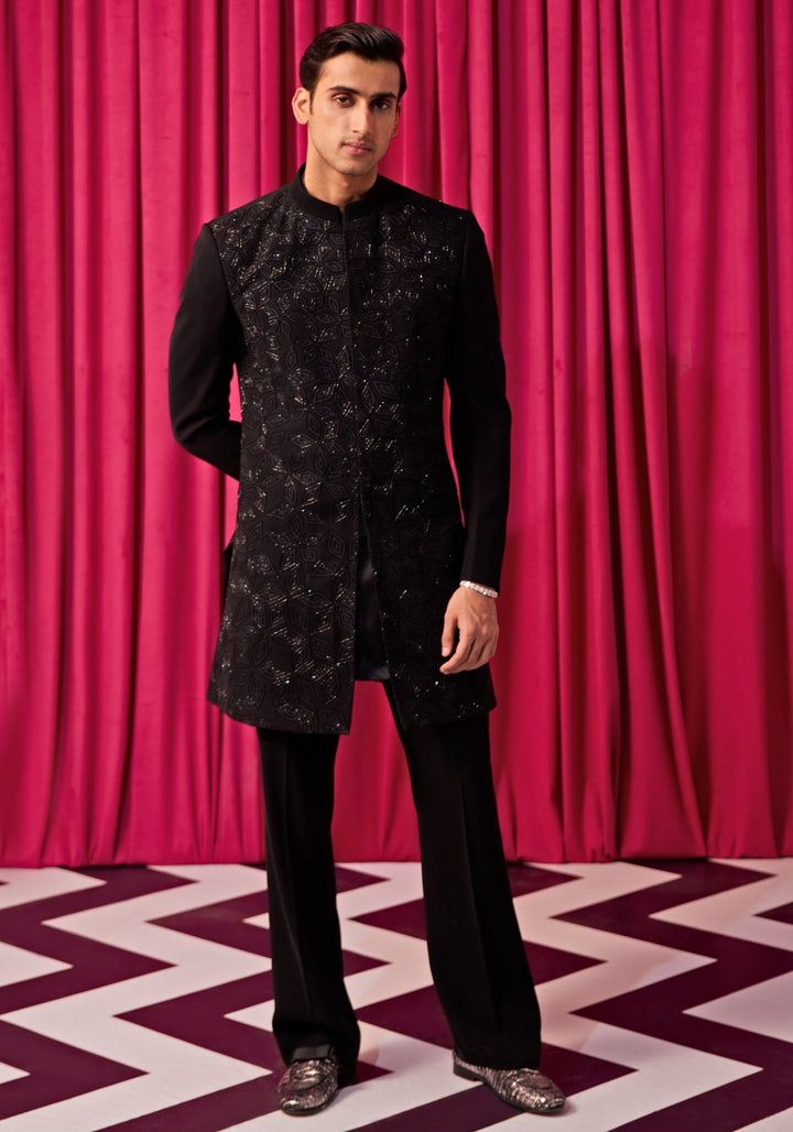 Black Floral Embroidered Sherwani Set Contrast by Parth - Fabilicious Fashion
