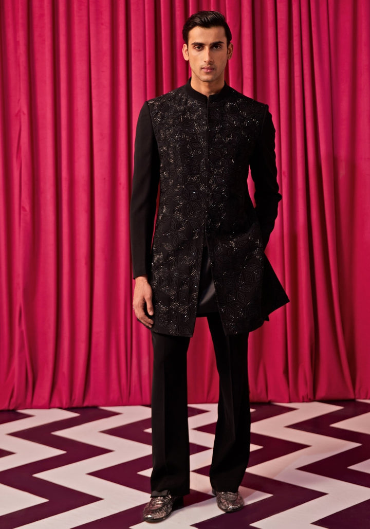 Black Floral Embroidered Sherwani Set Contrast by Parth - Fabilicious Fashion