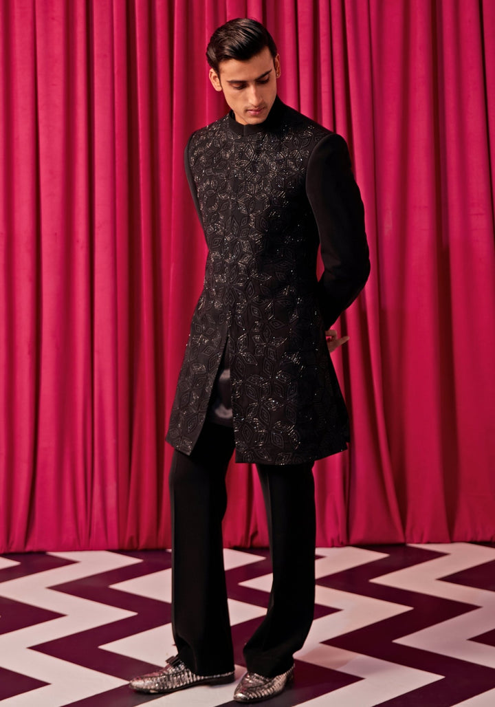 Black Floral Embroidered Sherwani Set Contrast by Parth - Fabilicious Fashion