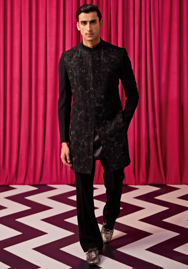 Black Floral Embroidered Sherwani Set Contrast by Parth - Fabilicious Fashion