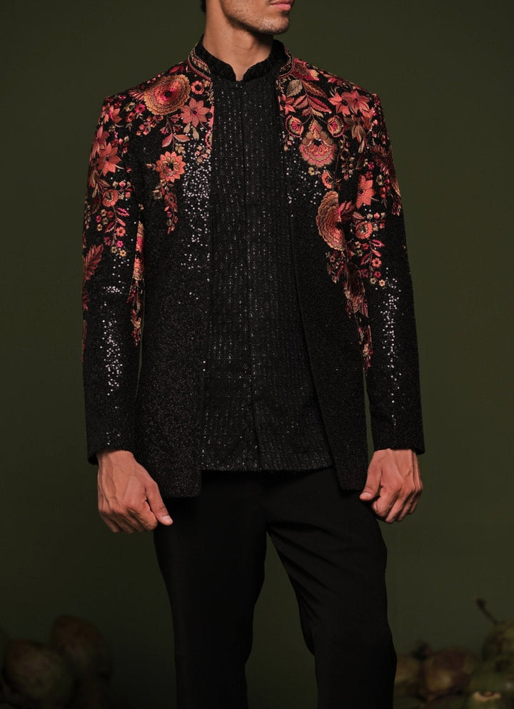 Black Floral Sequin Embroidered Jodhpuri Jacket Set Kalpraag - Fabilicious Fashion